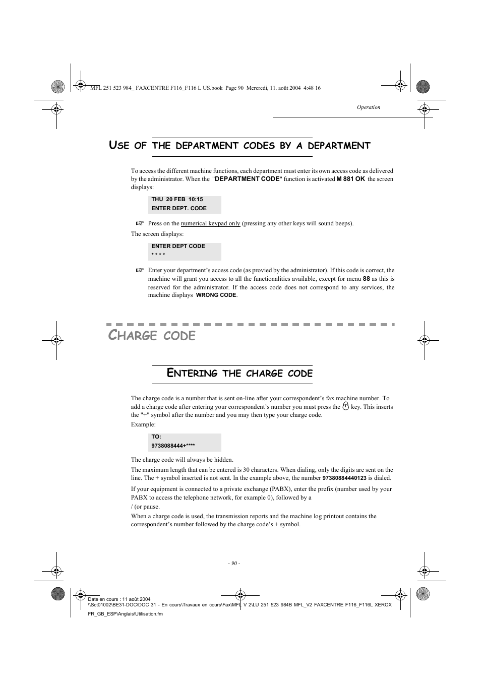 Harge, Code | Xerox FaxCentre F116 User Manual | Page 94 / 141