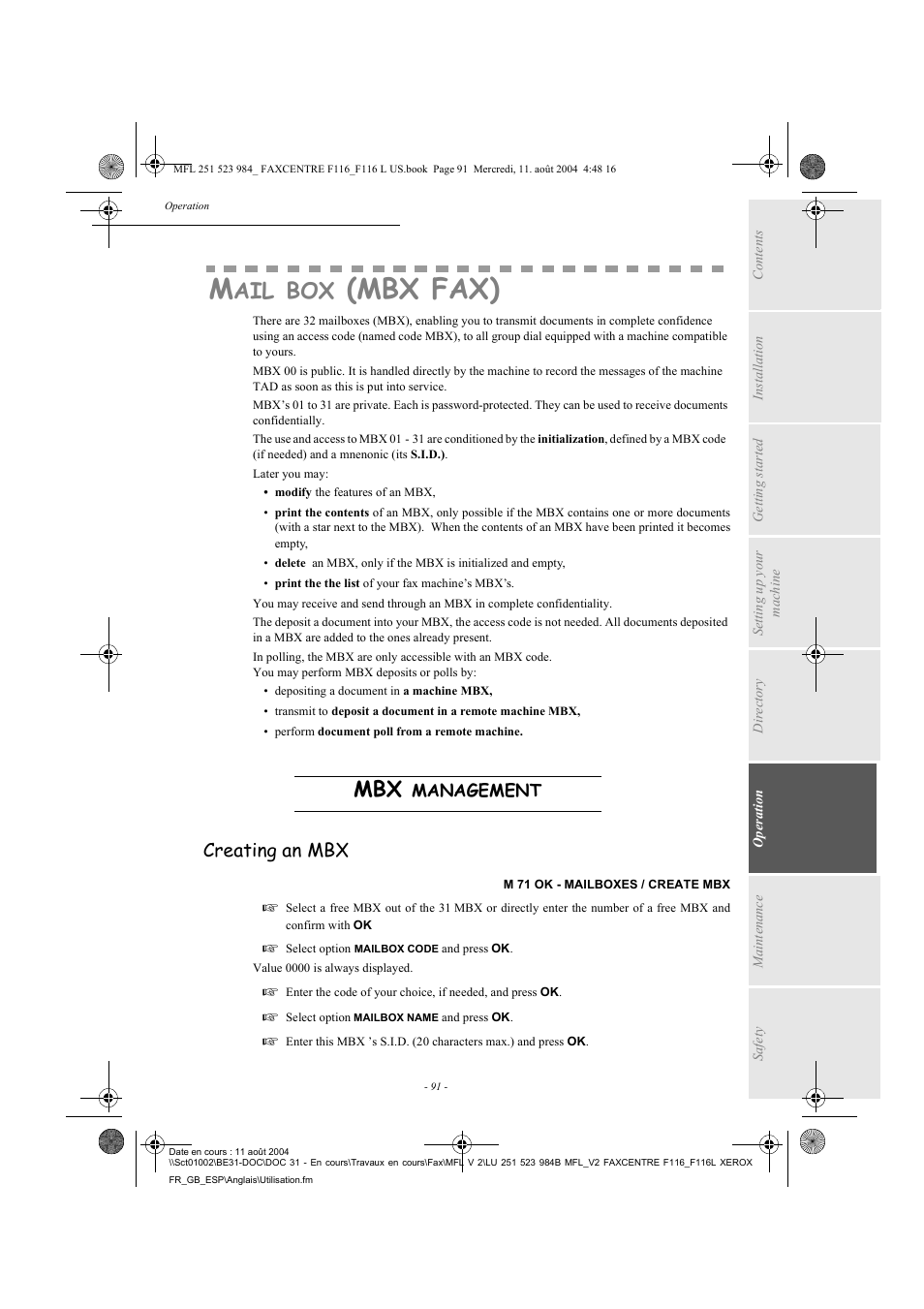 Mbx fax), Creating an mbx | Xerox FaxCentre F116 User Manual | Page 95 / 141