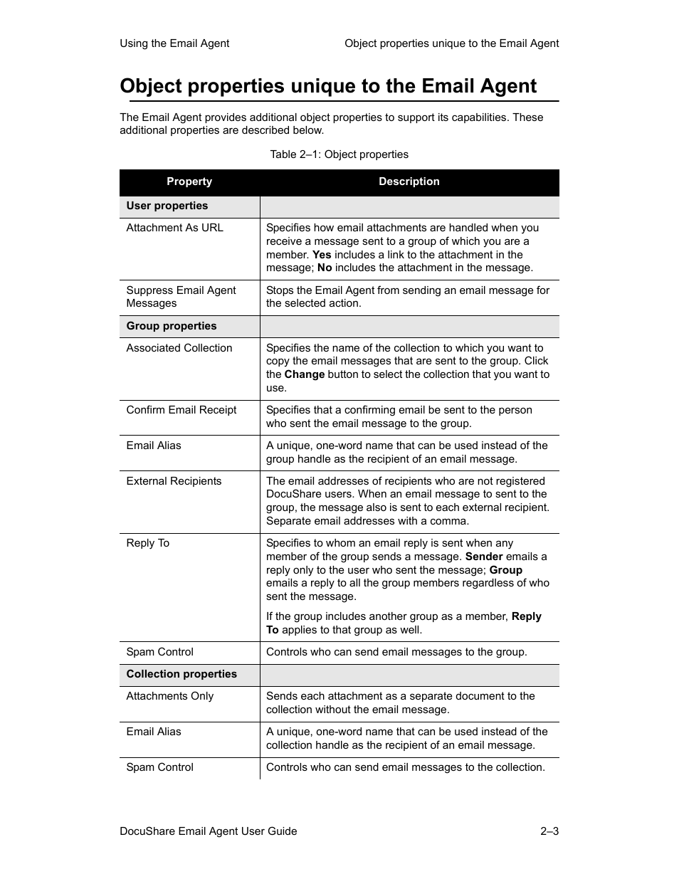 Object properties unique to the email agent, Object properties unique to the email agent –3 | Xerox DocuShare 6.0 User Manual | Page 11 / 20