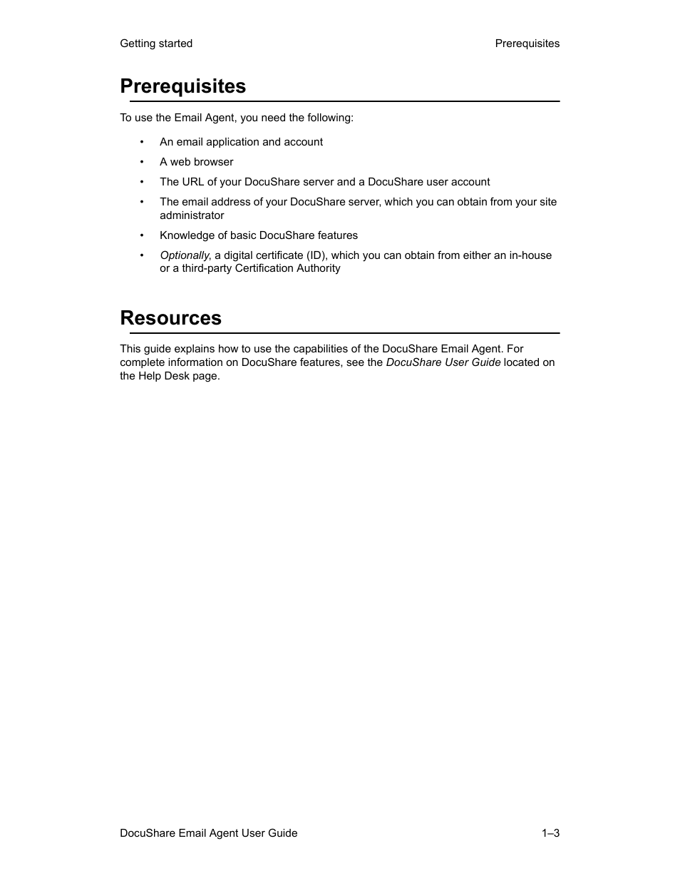 Prerequisites, Resources, Prerequisites –3 resources –3 | Xerox DocuShare 6.0 User Manual | Page 7 / 20
