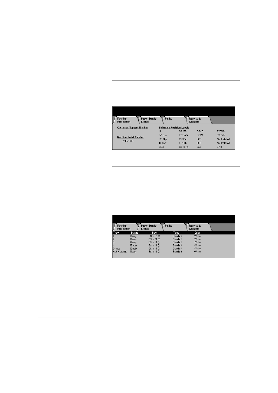 Machine information, Paper supply status | Xerox 432 User Manual | Page 52 / 466