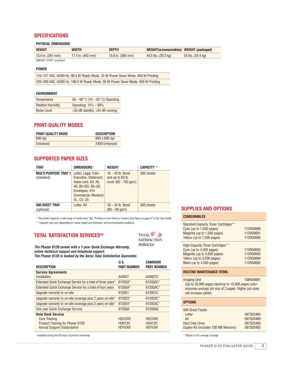 Specifications, Print-quality modes, Supported paper sizes | Total satisfaction services, Supplies and options | Xerox 6120 User Manual | Page 11 / 12
