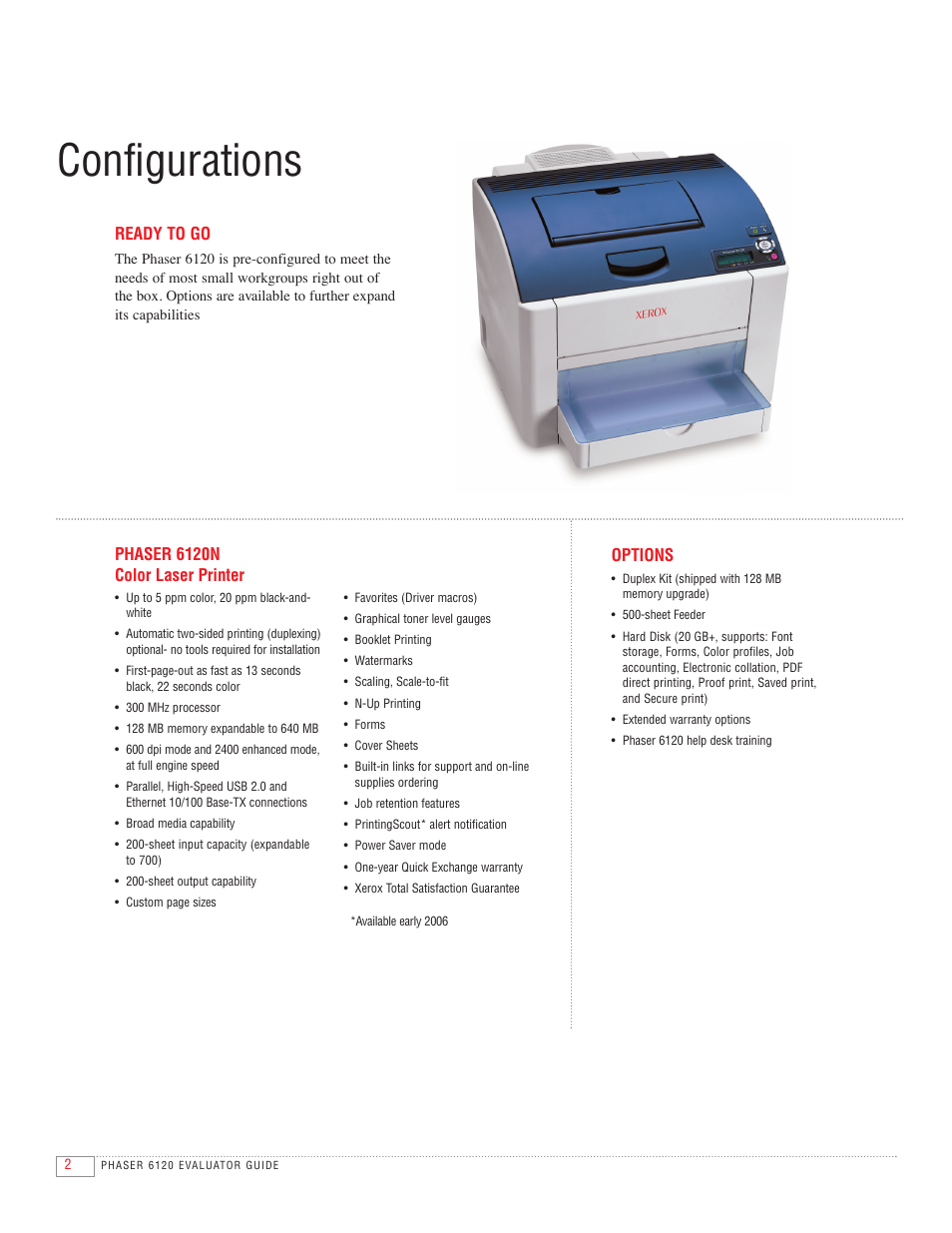 Configurations, Phaser 6120n color laser printer, Options | Ready to go | Xerox 6120 User Manual | Page 4 / 12