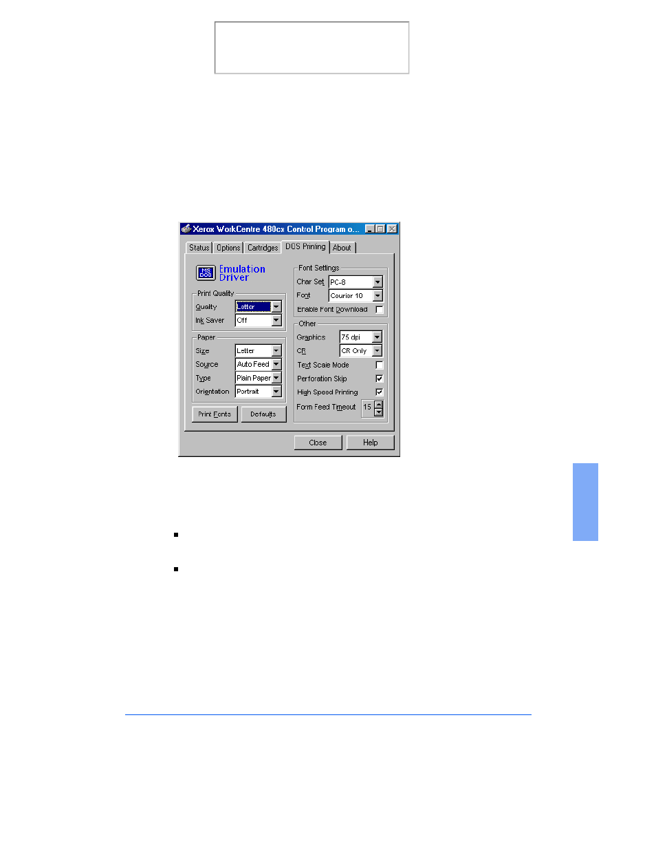 Using the dos printing tab | Xerox 480cx User Manual | Page 175 / 318