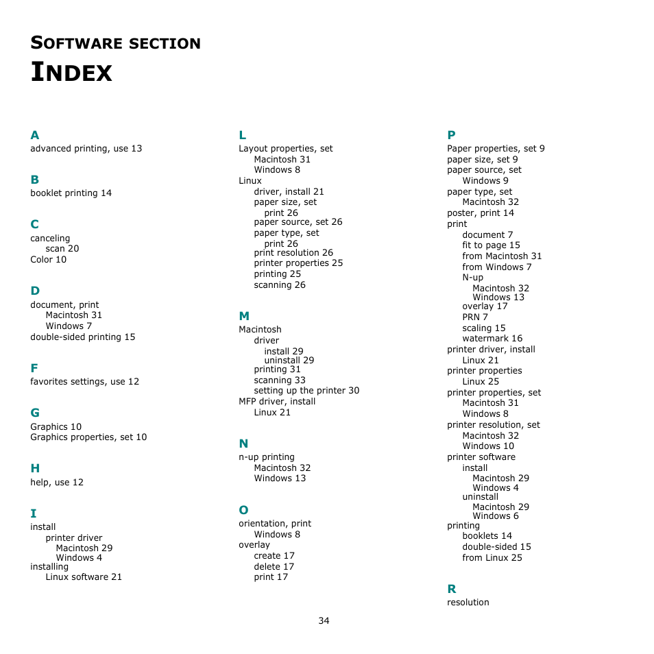 Software section index, Ndex, Oftware | Xerox Phaser 6110MFP User Manual | Page 102 / 104