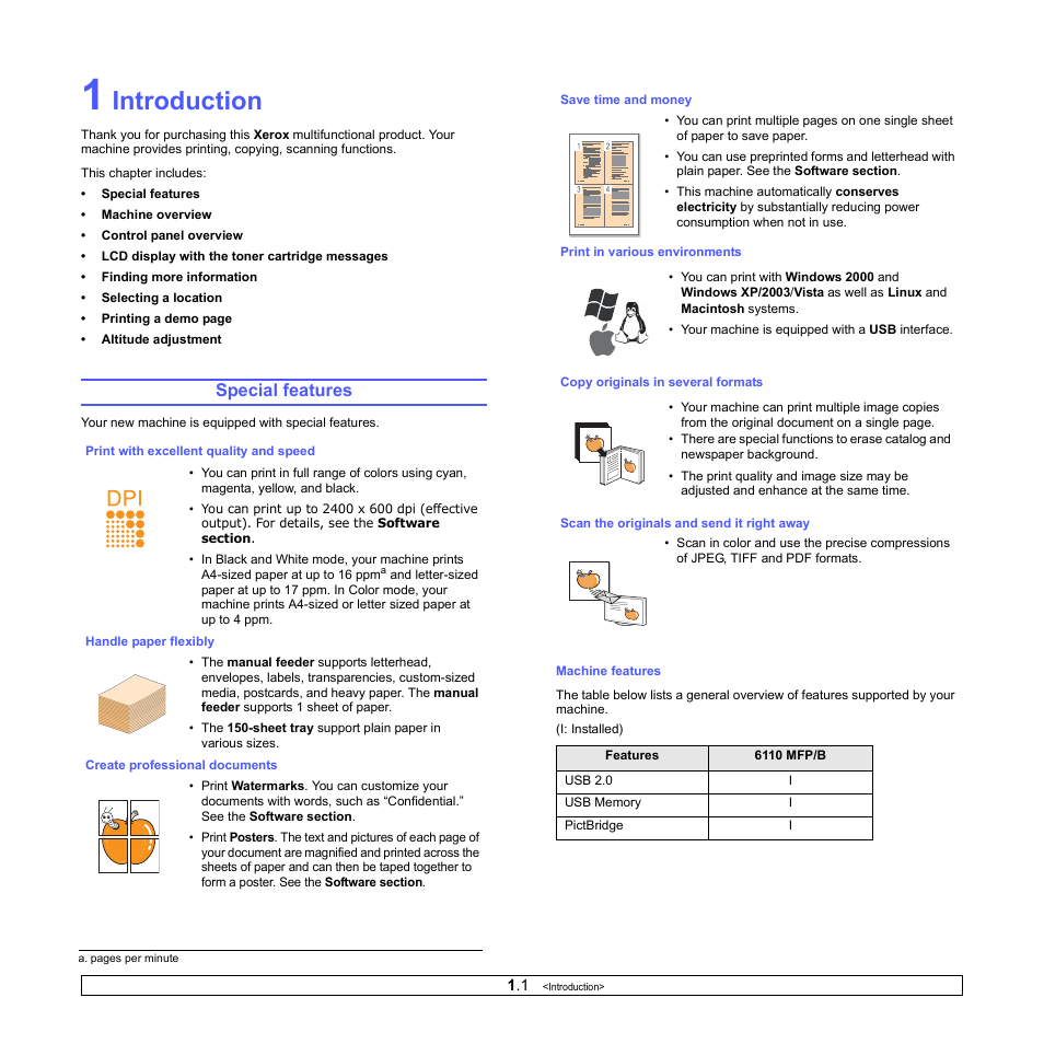 Introduction, Special features | Xerox Phaser 6110MFP User Manual | Page 12 / 104