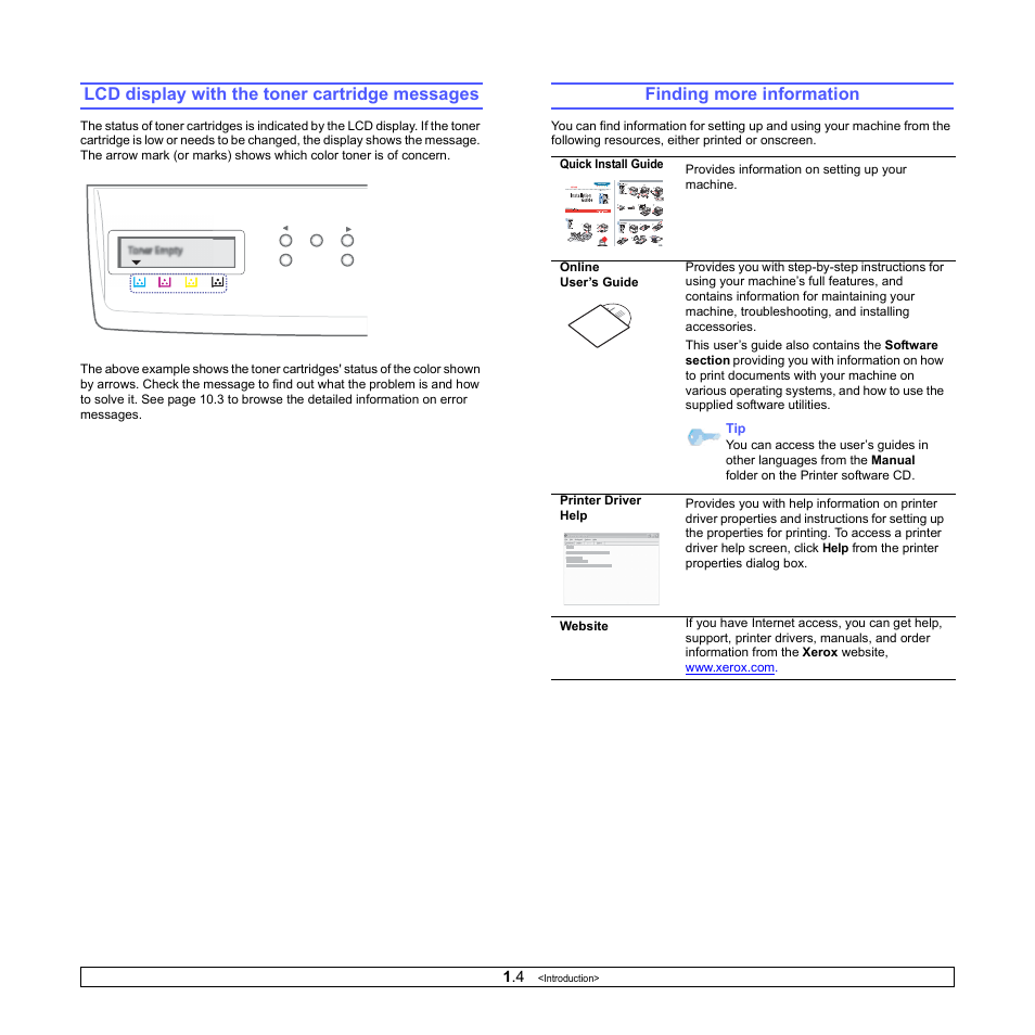 Lcd display with the toner cartridge messages, Finding more information | Xerox Phaser 6110MFP User Manual | Page 15 / 104