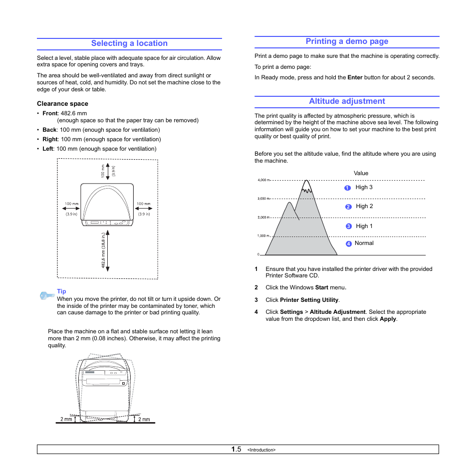 Selecting a location, Altitude adjustment, Printing a demo page | Xerox Phaser 6110MFP User Manual | Page 16 / 104