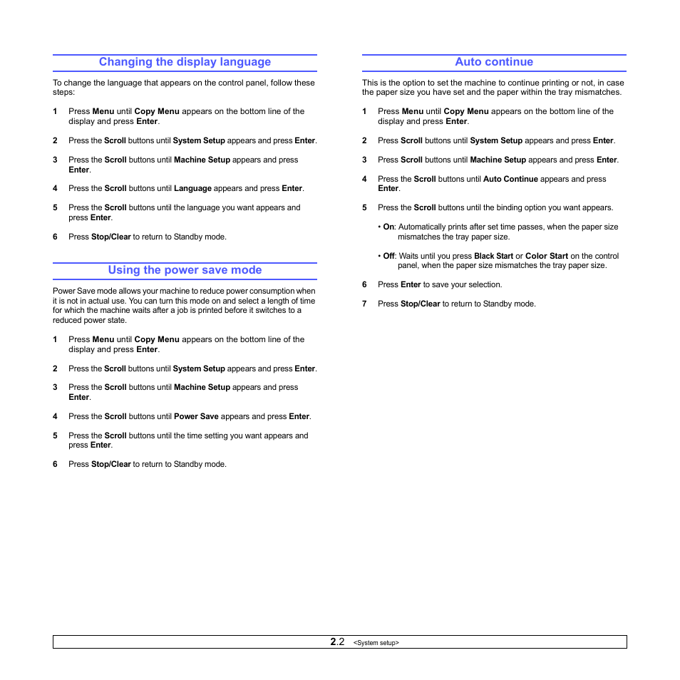 Changing the display language, Using the power save mode, Auto continue | Ge 2.2) | Xerox Phaser 6110MFP User Manual | Page 18 / 104