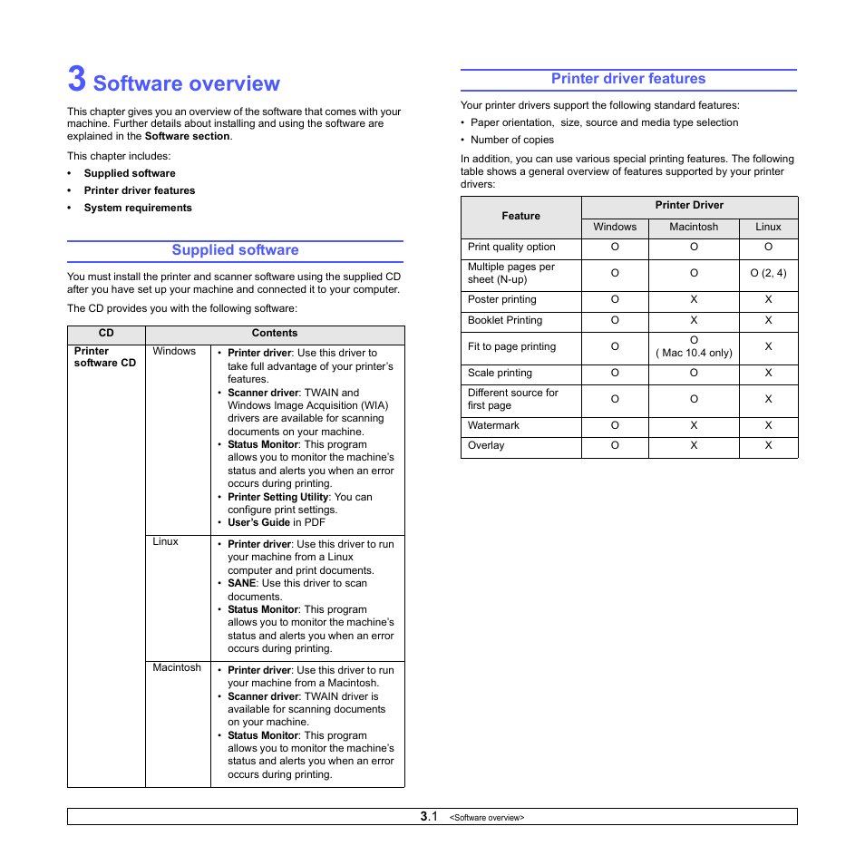 Software overview, Supplied software, Printer driver features | Supplied software printer driver features | Xerox Phaser 6110MFP User Manual | Page 19 / 104