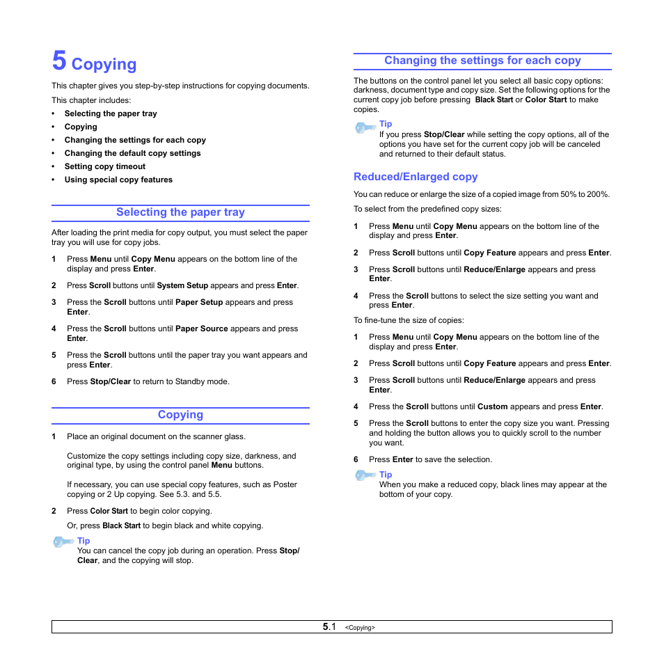 Copying, Selecting the paper tray, Changing the settings for each copy | Reduced/enlarged copy | Xerox Phaser 6110MFP User Manual | Page 29 / 104