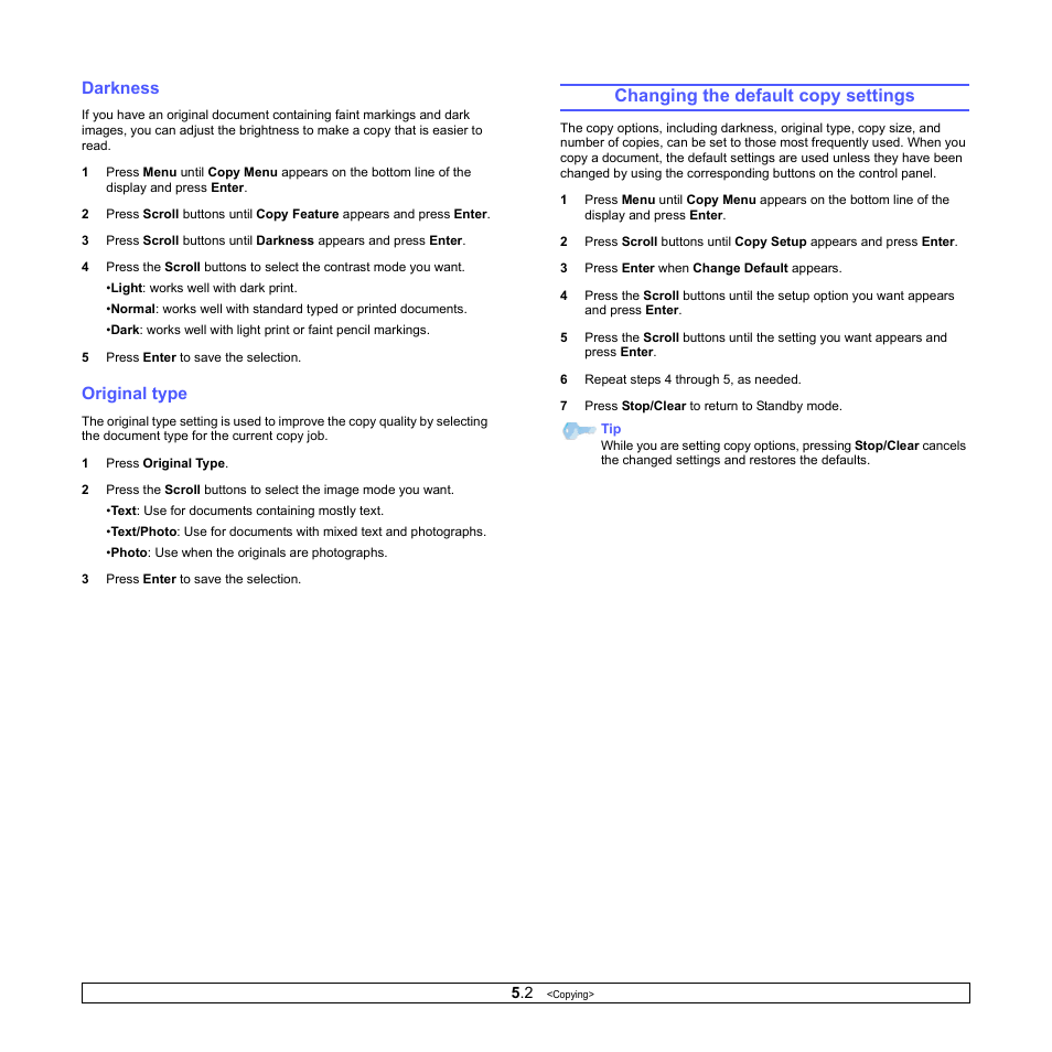 Darkness, Original type, Changing the default copy settings | Darkness original type | Xerox Phaser 6110MFP User Manual | Page 30 / 104