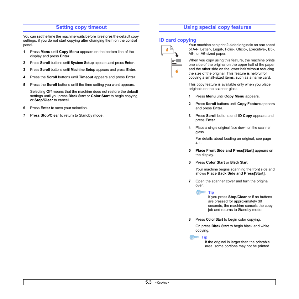 Setting copy timeout, Using special copy features, Id card copying | Setting copy timeout using special copy features | Xerox Phaser 6110MFP User Manual | Page 31 / 104