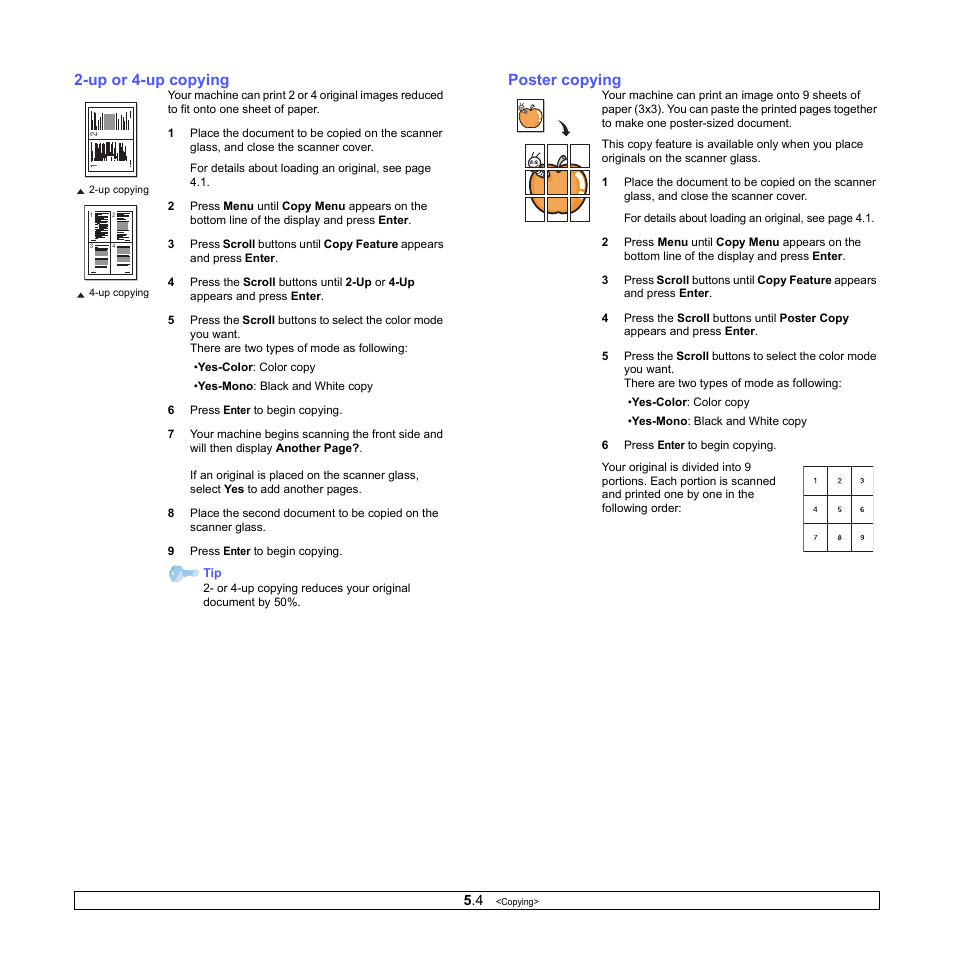 Up or 4-up copying, Poster copying, Up or 4-up copying poster copying | Xerox Phaser 6110MFP User Manual | Page 32 / 104