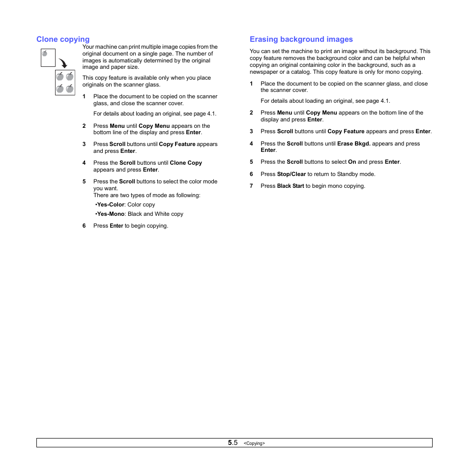 Clone copying, Erasing background images, Clone copying erasing background images | Nd 5.5 | Xerox Phaser 6110MFP User Manual | Page 33 / 104