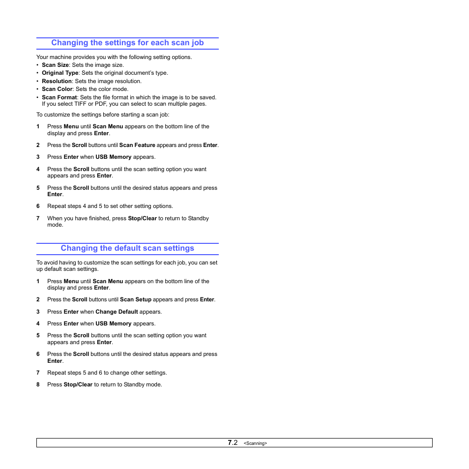 Changing the settings for each scan job, Changing the default scan settings | Xerox Phaser 6110MFP User Manual | Page 36 / 104