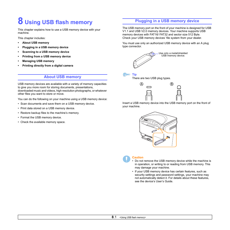 Using usb flash memory, About usb memory, Plugging in a usb memory device | About usb memory plugging in a usb memory device | Xerox Phaser 6110MFP User Manual | Page 37 / 104