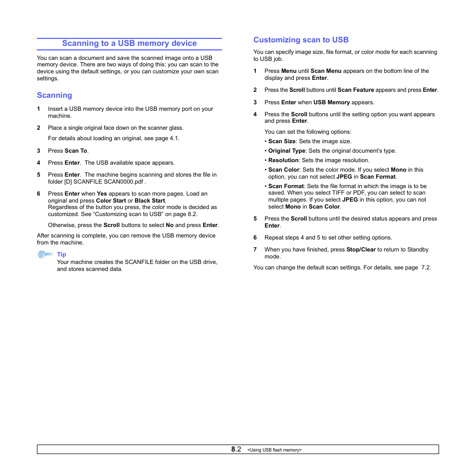 Scanning to a usb memory device, Scanning, Customizing scan to usb | Scanning customizing scan to usb | Xerox Phaser 6110MFP User Manual | Page 38 / 104