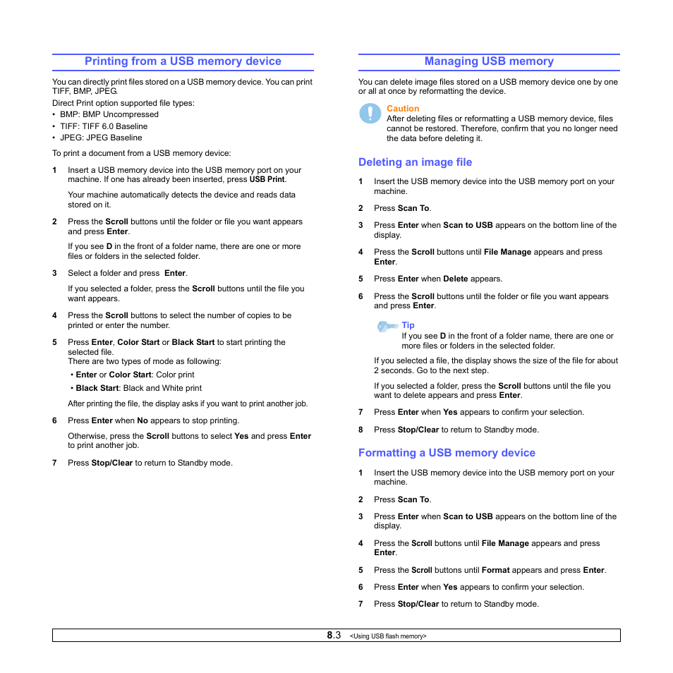 Printing from a usb memory device, Managing usb memory, Deleting an image file | Formatting a usb memory device | Xerox Phaser 6110MFP User Manual | Page 39 / 104
