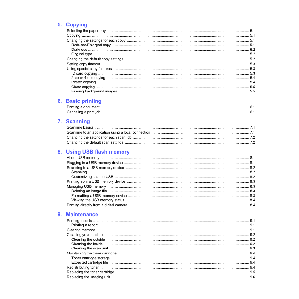 Copying, Basic printing, Scanning | Maintenance | Xerox Phaser 6110MFP User Manual | Page 4 / 104