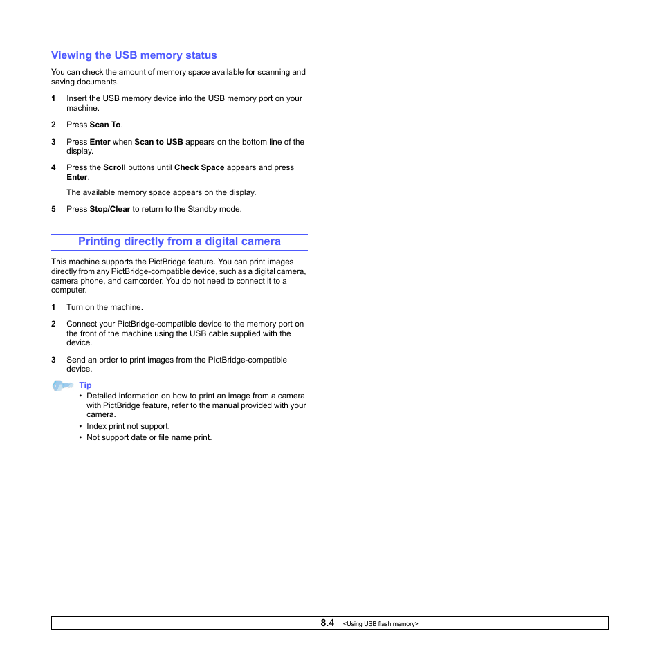 Viewing the usb memory status, Printing directly from a digital camera | Xerox Phaser 6110MFP User Manual | Page 40 / 104