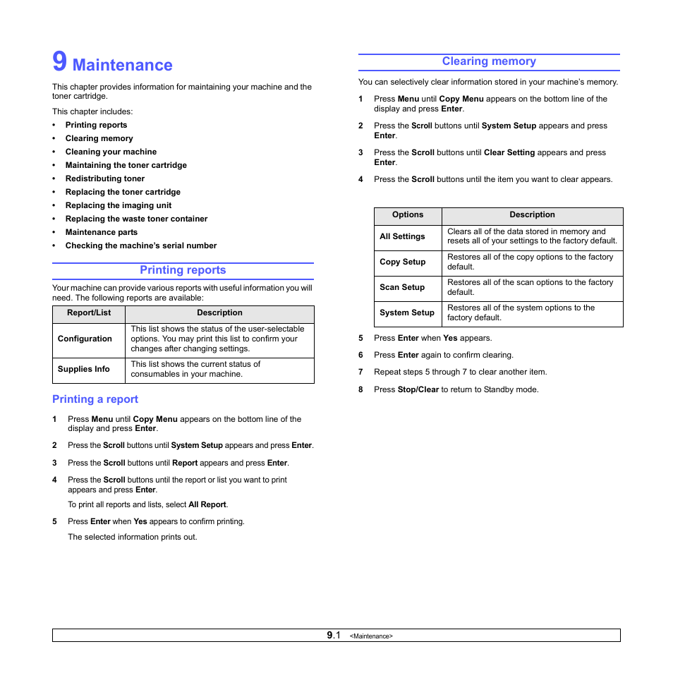 Maintenance, Printing reports, Printing a report | Clearing memory, Ge 9.1), Age 9.1 | Xerox Phaser 6110MFP User Manual | Page 41 / 104