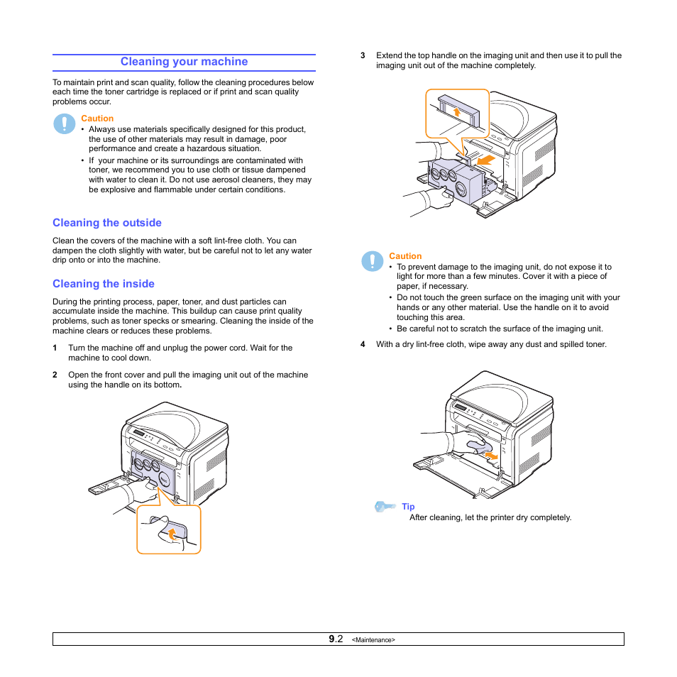 Cleaning your machine, Cleaning the outside, Cleaning the inside | Cleaning the outside cleaning the inside | Xerox Phaser 6110MFP User Manual | Page 42 / 104