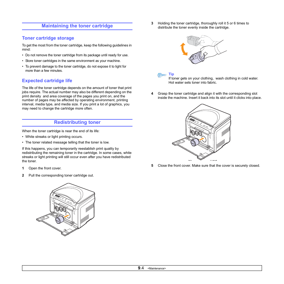 Maintaining the toner cartridge, Toner cartridge storage, Expected cartridge life | Redistributing toner, Toner cartridge storage expected cartridge life | Xerox Phaser 6110MFP User Manual | Page 44 / 104