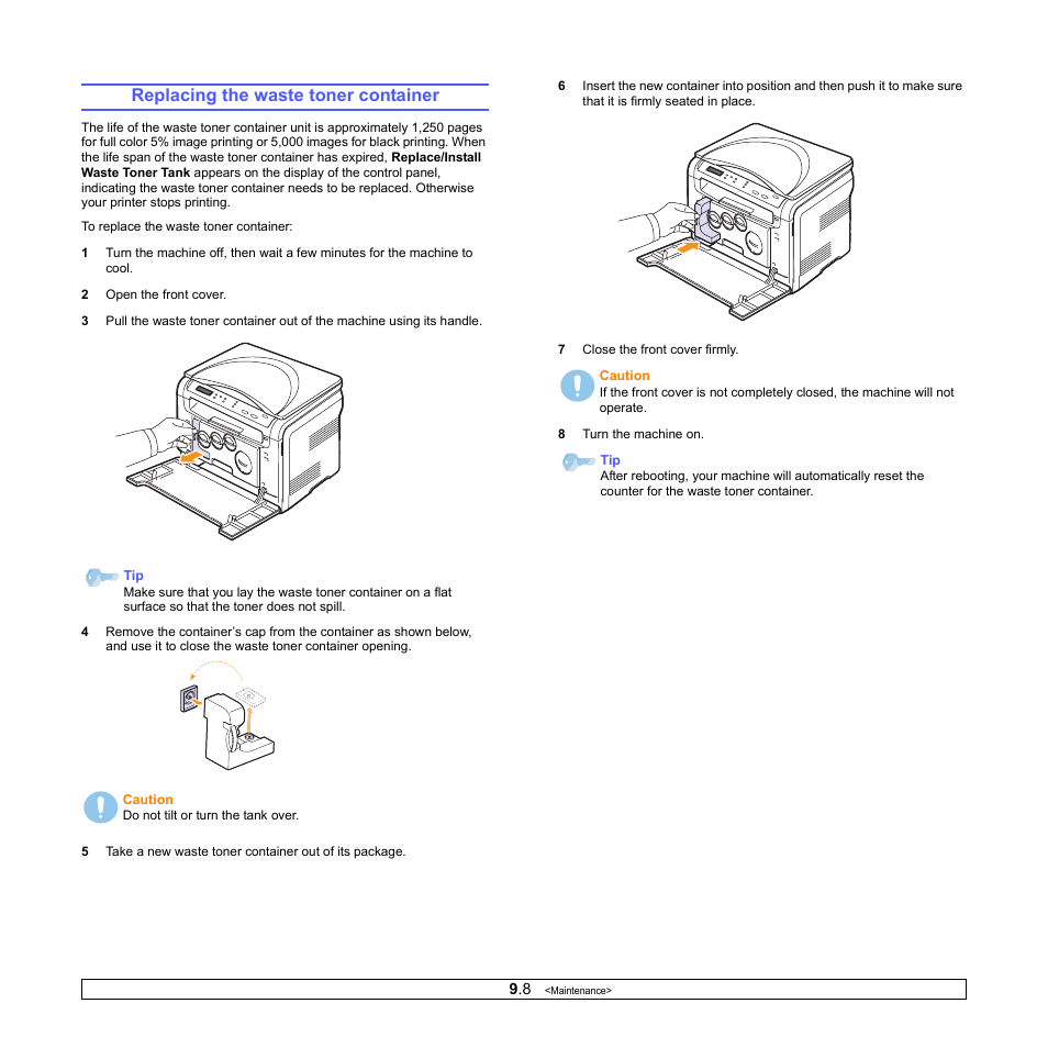 Replacing the waste toner container | Xerox Phaser 6110MFP User Manual | Page 48 / 104