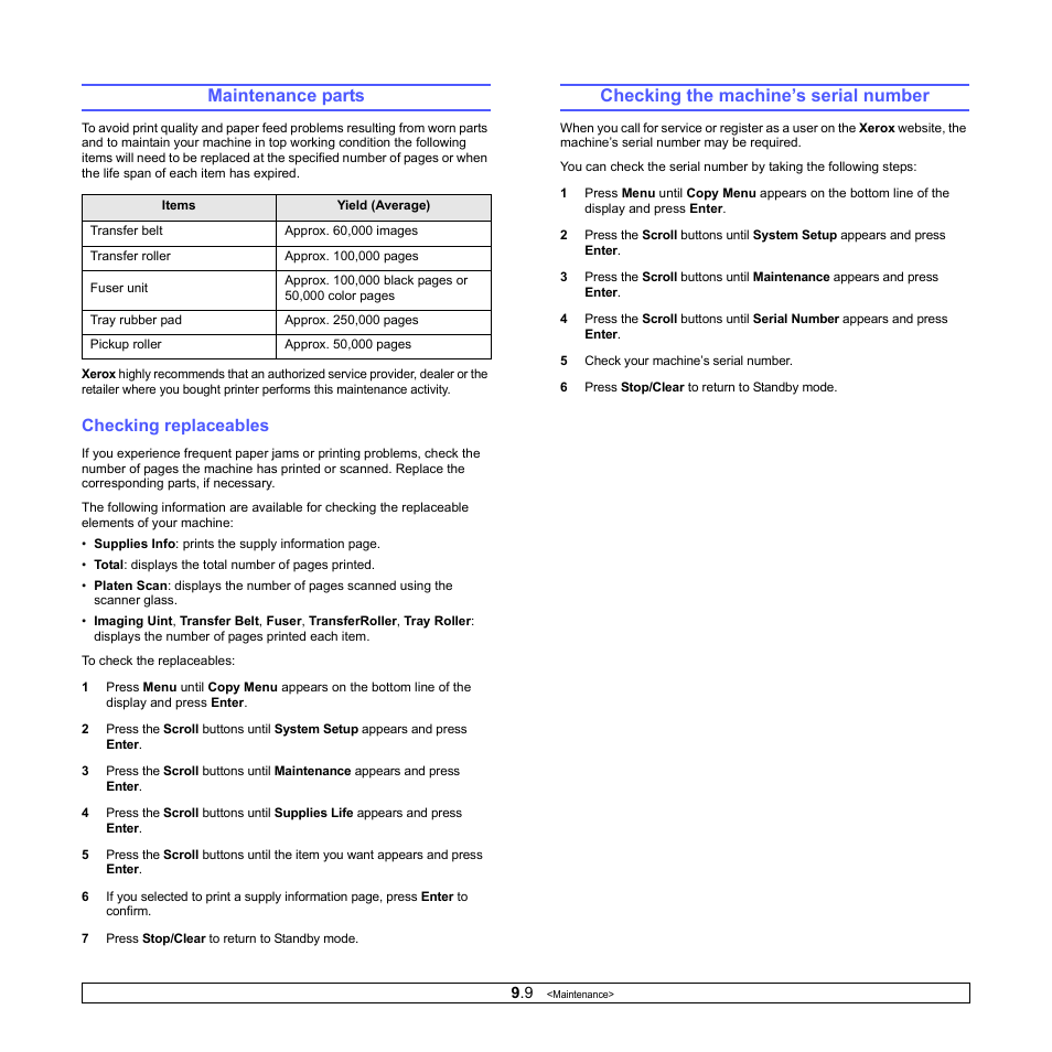 Maintenance parts, Checking replaceables, Checking the machine’s serial number | Ge 9.9) | Xerox Phaser 6110MFP User Manual | Page 49 / 104