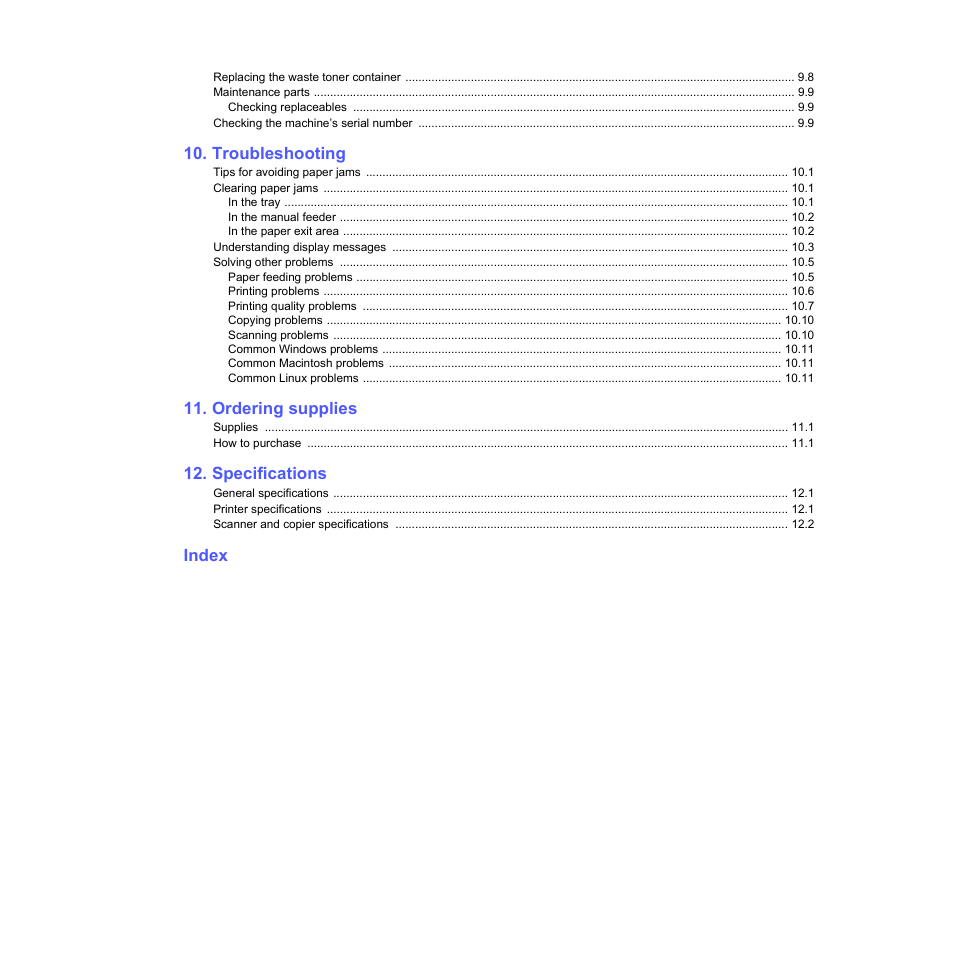 Troubleshooting, Ordering supplies, Specifications | Index | Xerox Phaser 6110MFP User Manual | Page 5 / 104