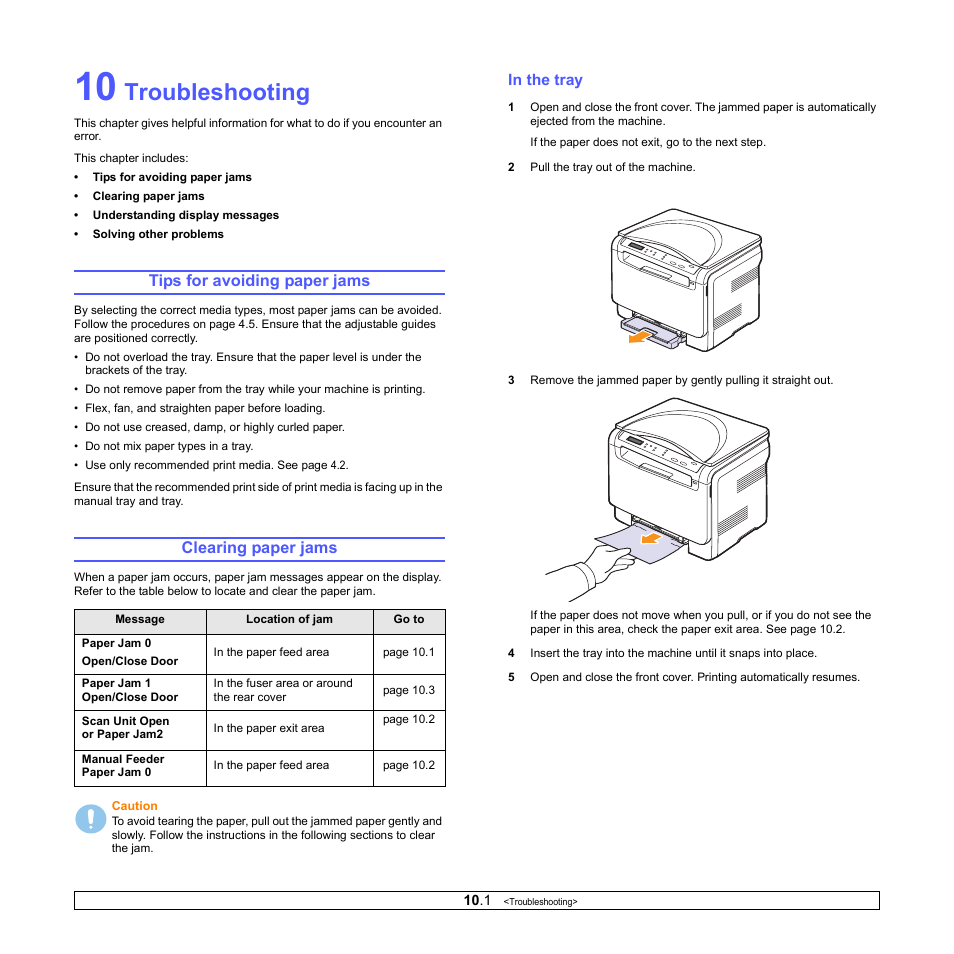 Troubleshooting, Tips for avoiding paper jams, Clearing paper jams | In the tray, Tips for avoiding paper jams clearing paper jams | Xerox Phaser 6110MFP User Manual | Page 50 / 104