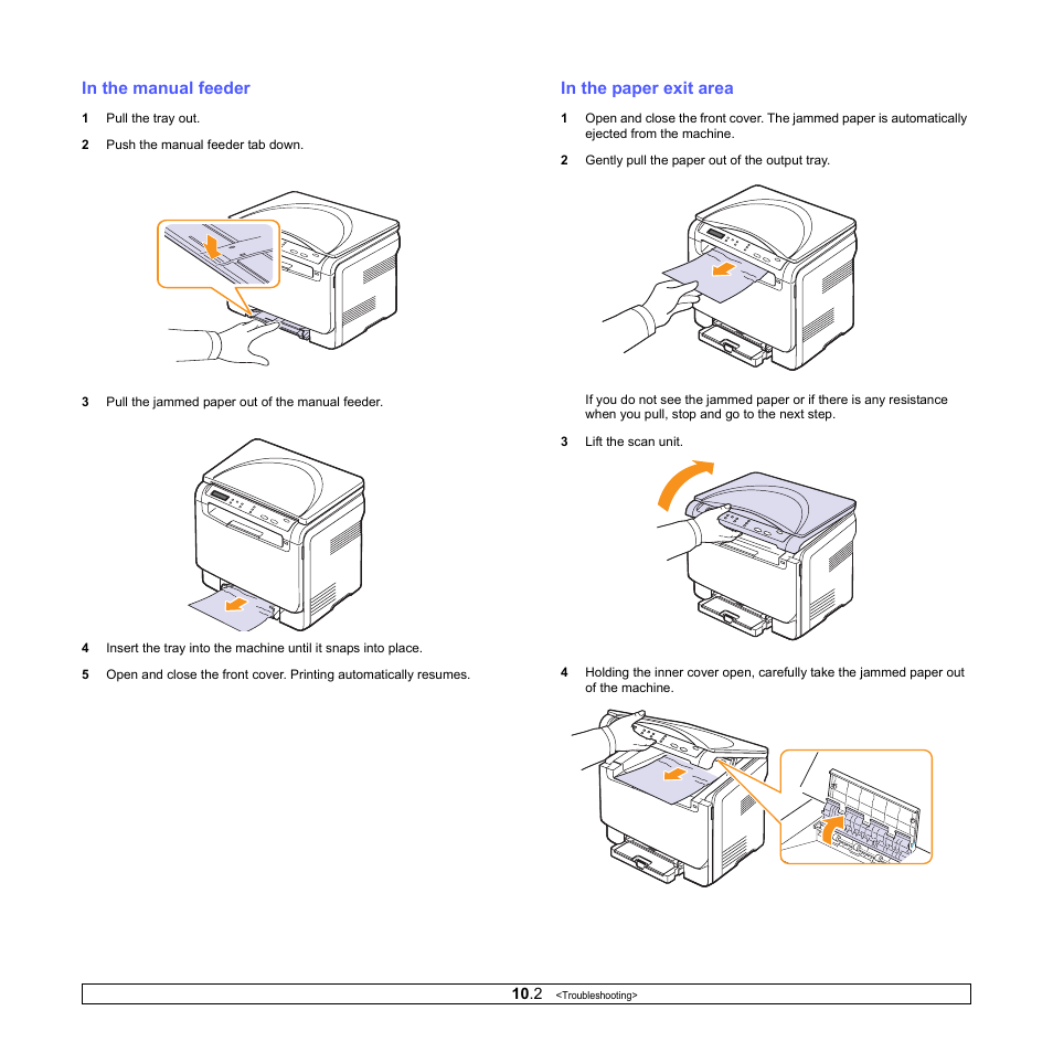 In the manual feeder, In the paper exit area, In the manual feeder in the paper exit area | Xerox Phaser 6110MFP User Manual | Page 51 / 104