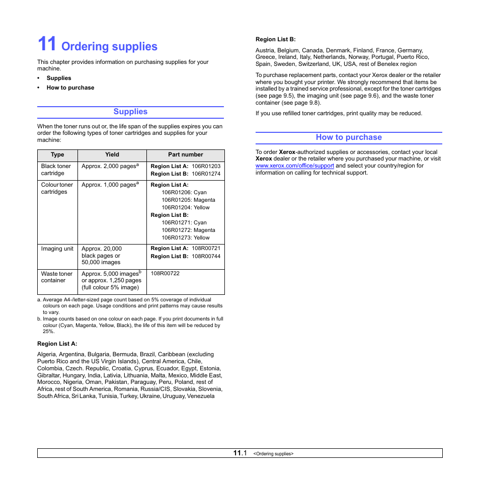 Ordering supplies, Supplies, How to purchase | Supplies how to purchase | Xerox Phaser 6110MFP User Manual | Page 63 / 104