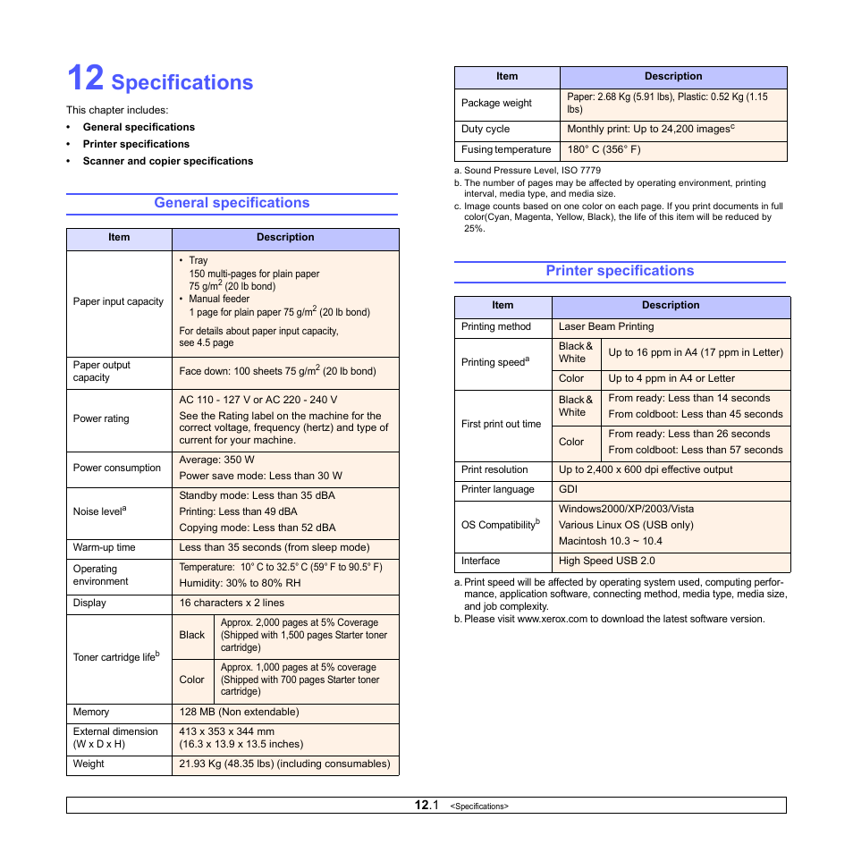 Specifications, General specifications, Printer specifications | General specifications printer specifications | Xerox Phaser 6110MFP User Manual | Page 64 / 104