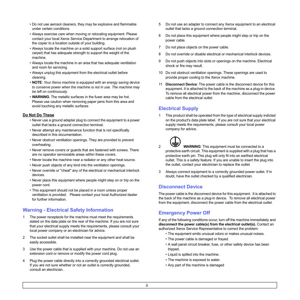 Warning - electrical safety information, Electrical supply, Disconnect device | Emergency power off | Xerox Phaser 6110MFP User Manual | Page 7 / 104