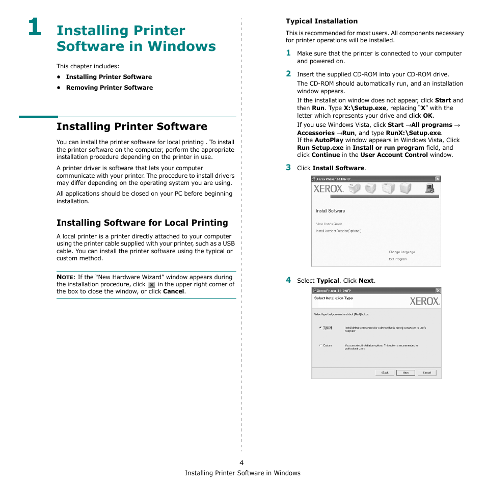 Installing printer software in windows, Installing printer software, Installing software for local printing | Chapter 1, Nstalling, Rinter, Oftware, Indows | Xerox Phaser 6110MFP User Manual | Page 72 / 104