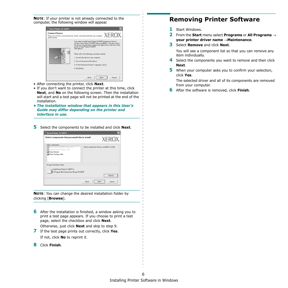 Removing printer software | Xerox Phaser 6110MFP User Manual | Page 74 / 104