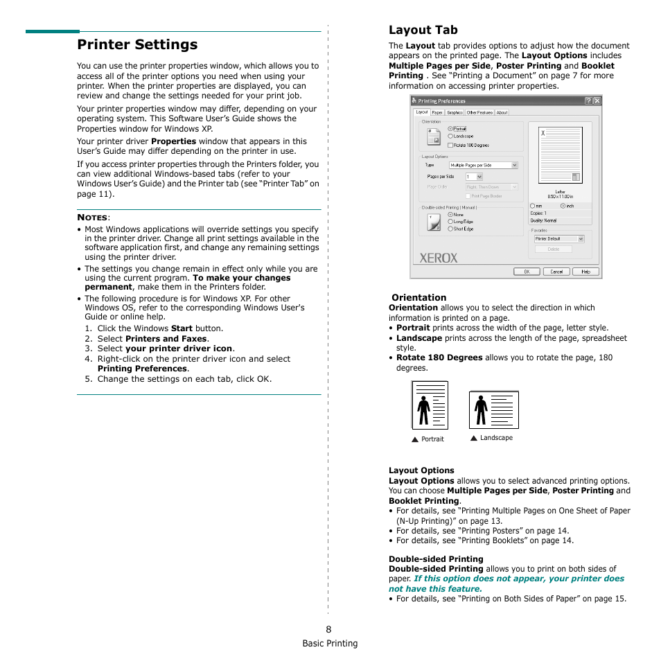 Printer settings, Layout tab, Ee “printer | Xerox Phaser 6110MFP User Manual | Page 76 / 104