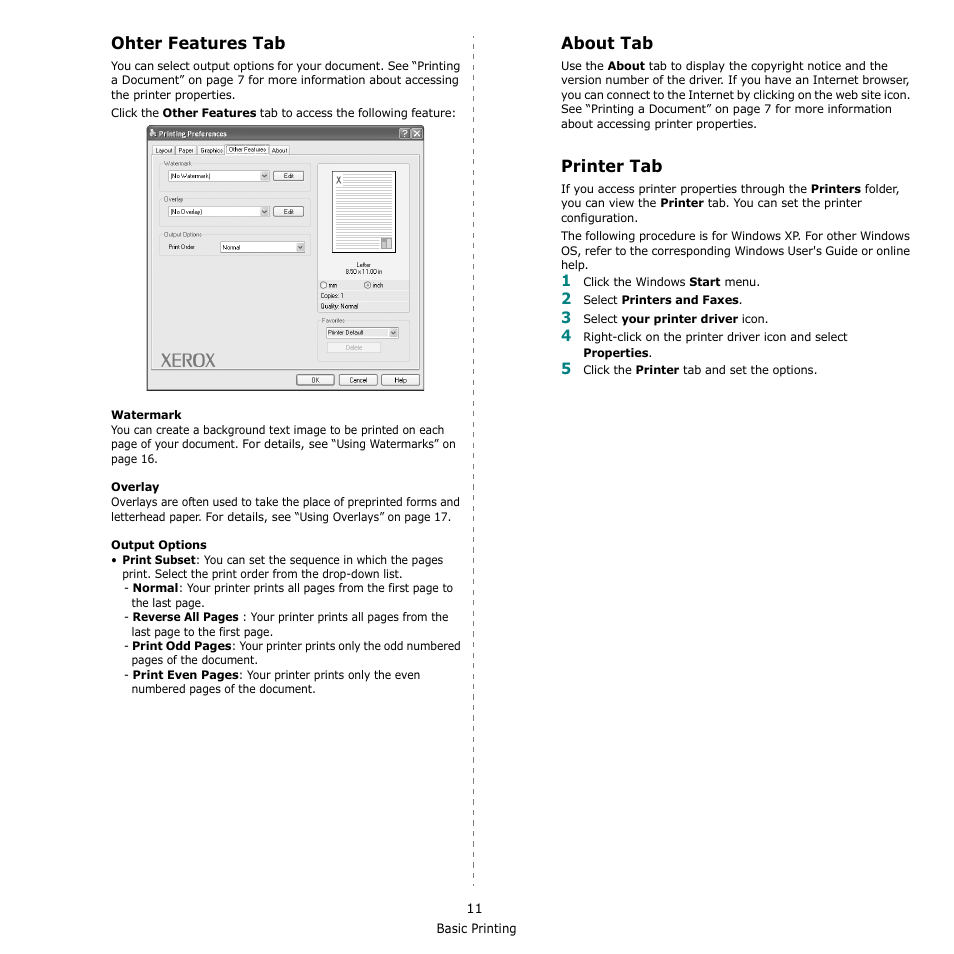 Ohter features tab, About tab, Printer tab | Ohter features tab about tab printer tab, Ohter features tab - about tab - printer tab | Xerox Phaser 6110MFP User Manual | Page 79 / 104