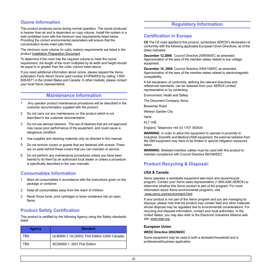 Maintenance information, Regulatory information | Xerox Phaser 6110MFP User Manual | Page 8 / 104