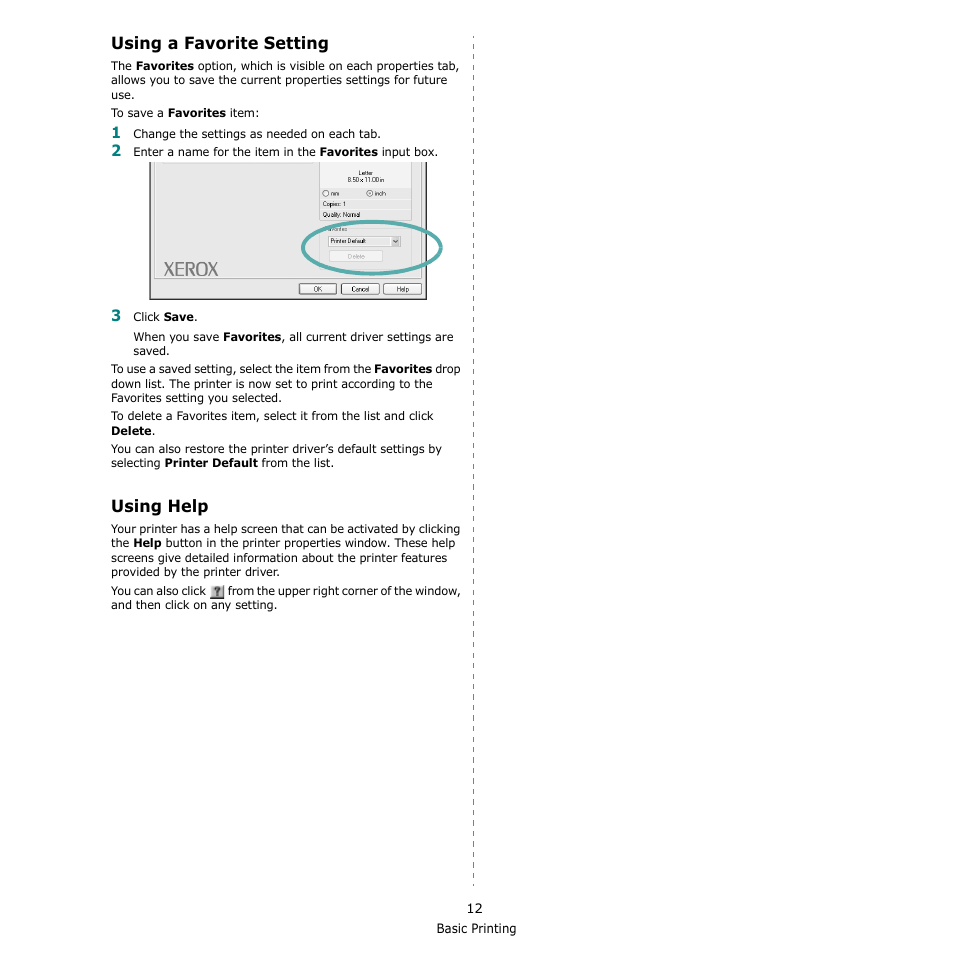 Using a favorite setting, Using help, Using a favorite setting using help | Using a favorite setting - using help | Xerox Phaser 6110MFP User Manual | Page 80 / 104