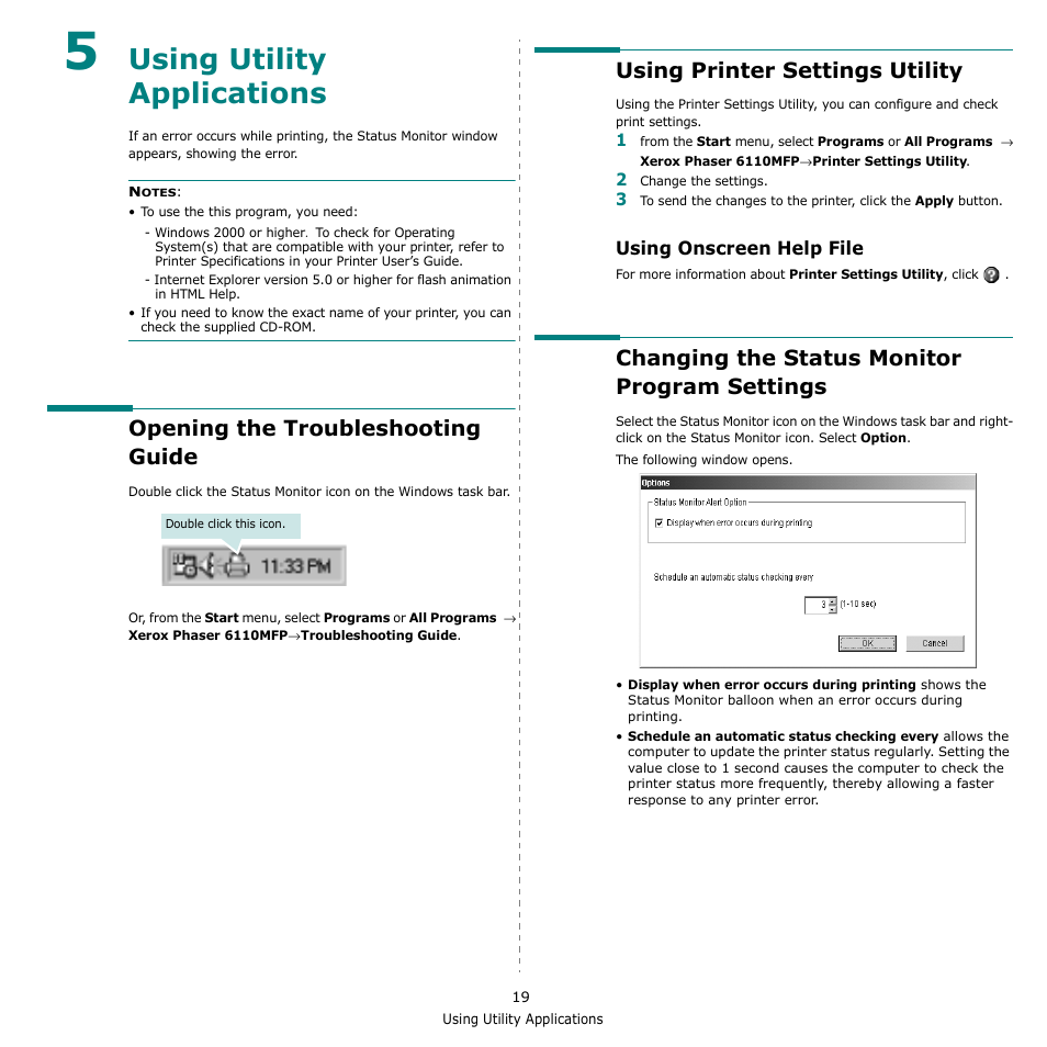 Using utility applications, Opening the troubleshooting guide, Using printer settings utility | Using onscreen help file, Changing the status monitor program settings, Chapter 5, Sing, Tility, Pplications | Xerox Phaser 6110MFP User Manual | Page 87 / 104