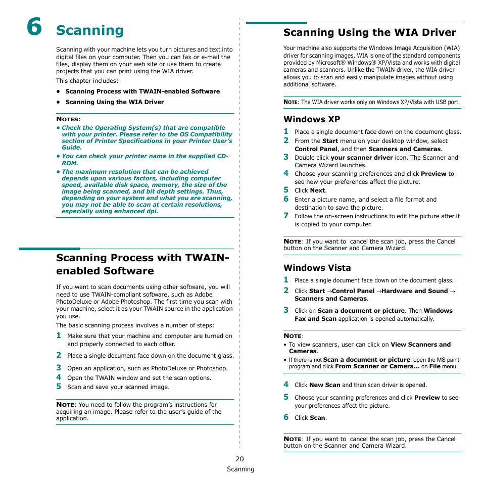 Scanning, Scanning process with twain- enabled software, Scanning using the wia driver | Windows xp, Windows vista, Chapter 6, Canning, Windows xp windows vista | Xerox Phaser 6110MFP User Manual | Page 88 / 104