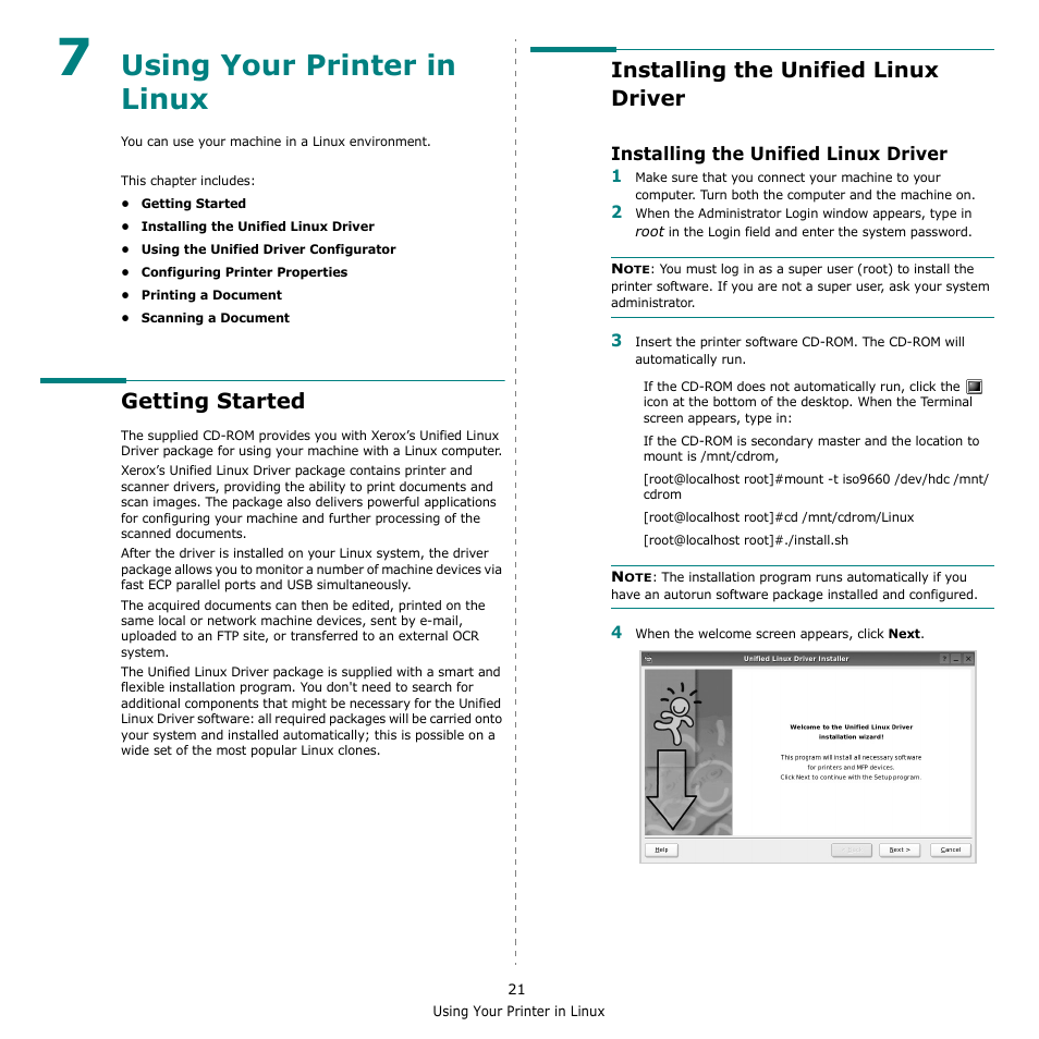 Using your printer in linux, Getting started, Installing the unified linux driver | Chapter 7, Sing, Rinter, Inux | Xerox Phaser 6110MFP User Manual | Page 89 / 104