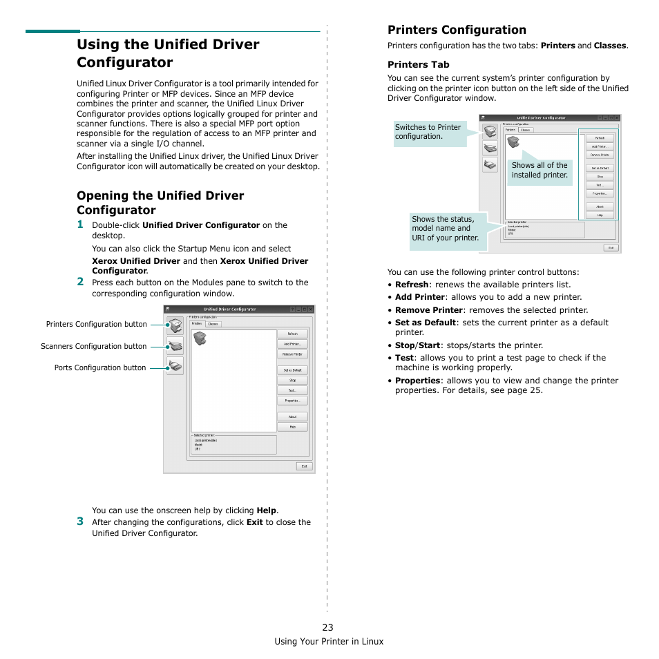 Using the unified driver configurator, Opening the unified driver configurator, Printers configuration | Xerox Phaser 6110MFP User Manual | Page 91 / 104