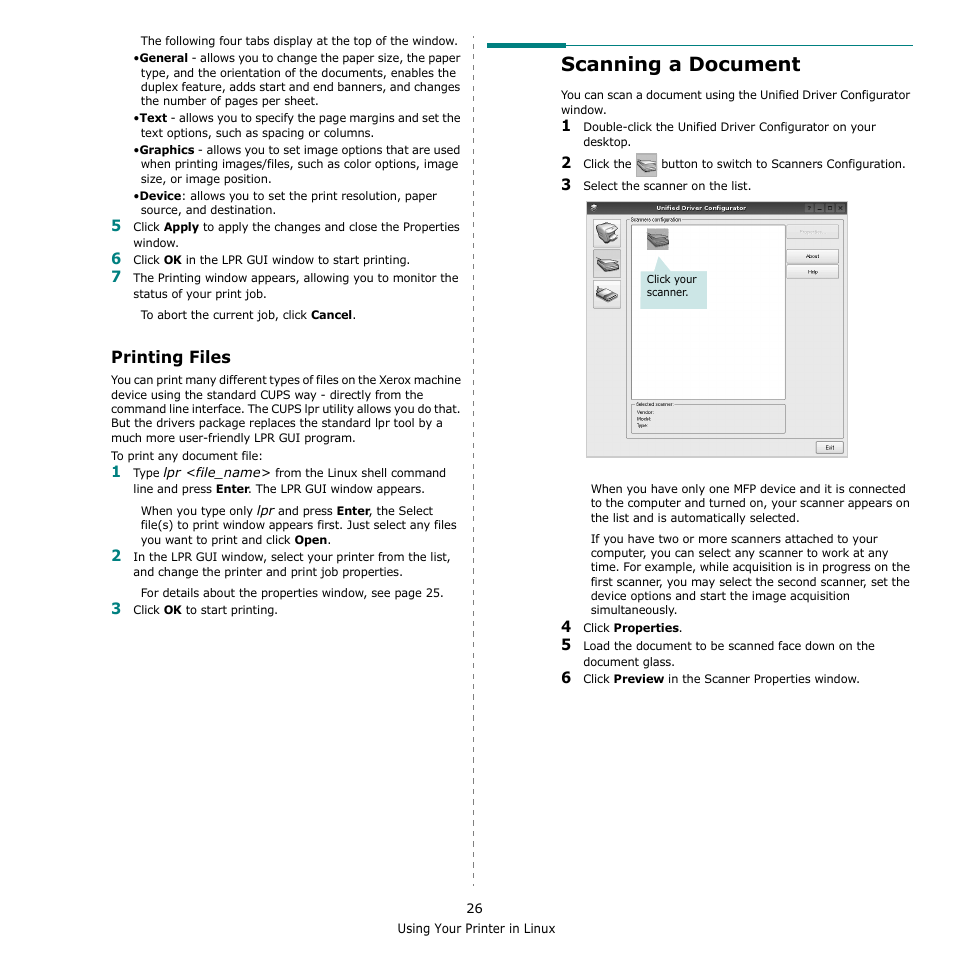 Printing files, Scanning a document | Xerox Phaser 6110MFP User Manual | Page 94 / 104