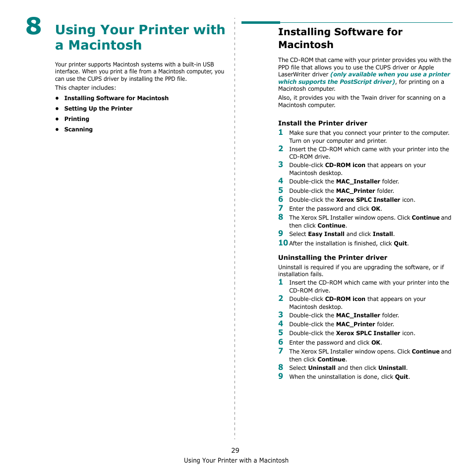 Using your printer with a macintosh, Installing software for macintosh, Chapter 8 | Sing, Rinter, With, Acintosh | Xerox Phaser 6110MFP User Manual | Page 97 / 104