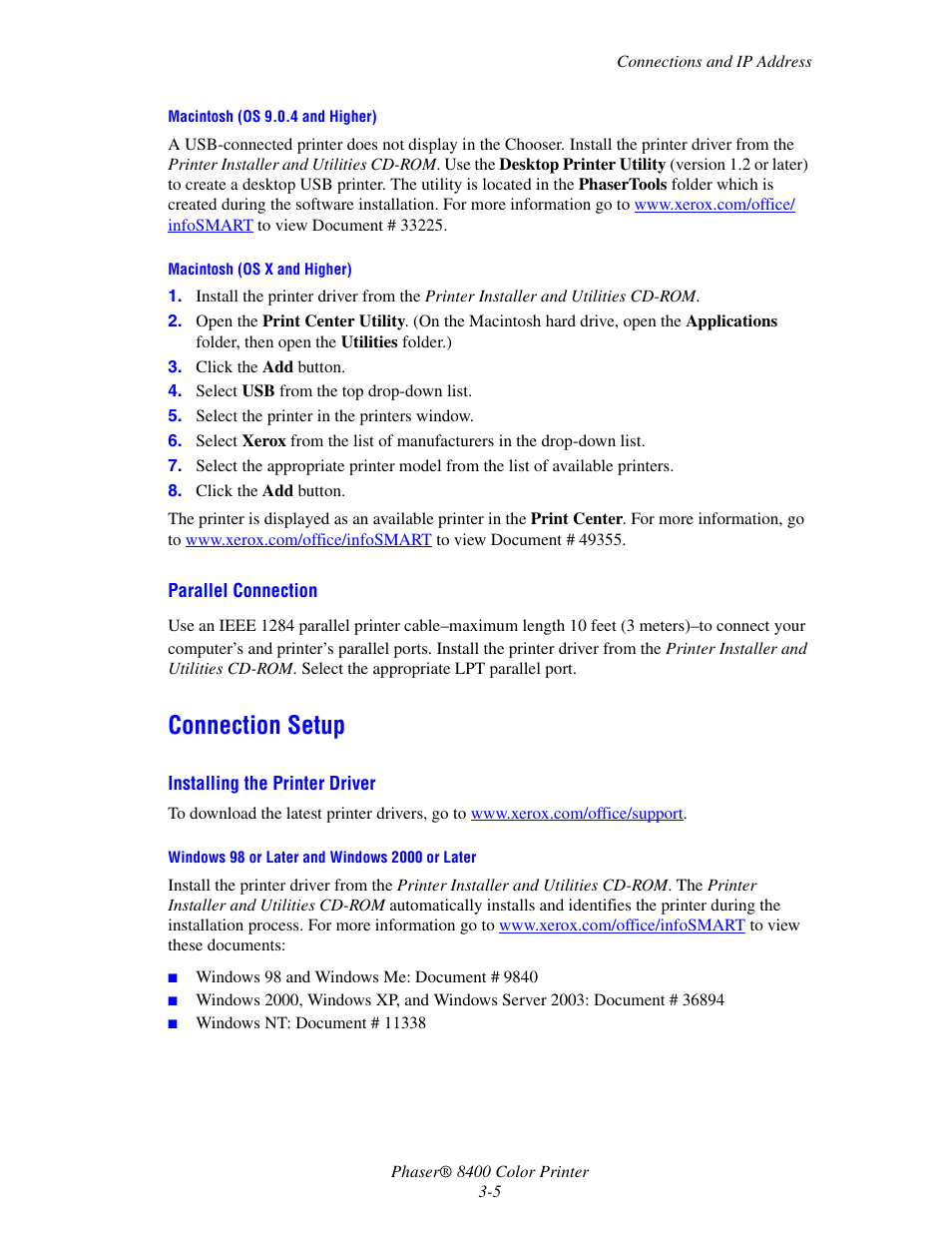 Connection setup, Connection setup -5 | Xerox Phaser Color Printer 8400 User Manual | Page 101 / 203