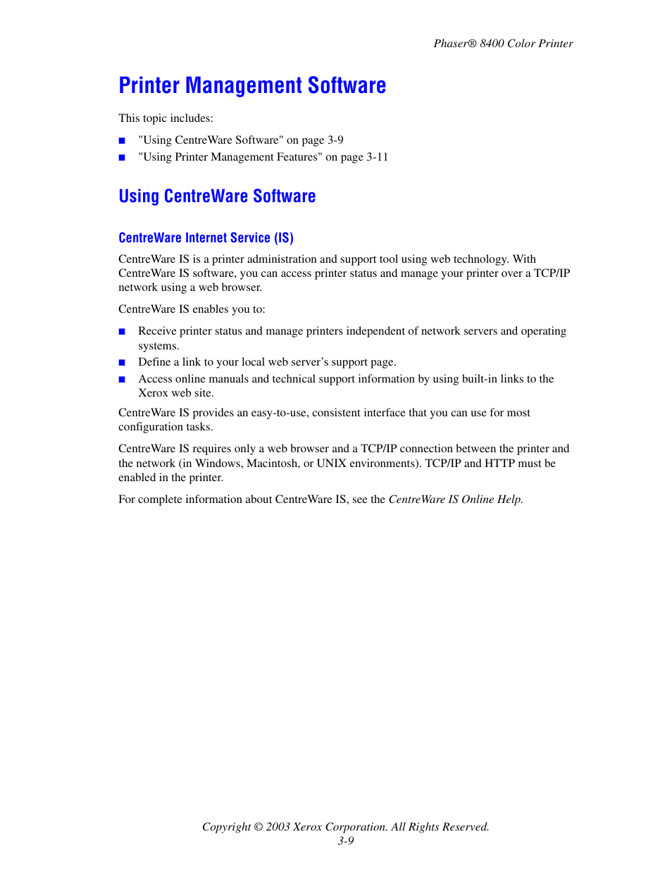 Printer management software, Using centreware software, Printer management software -9 | Using centreware software -9 | Xerox Phaser Color Printer 8400 User Manual | Page 105 / 203
